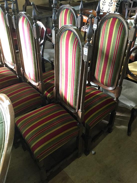 Set six Portuguese walnut high backed dining chairs, with striped upholstery